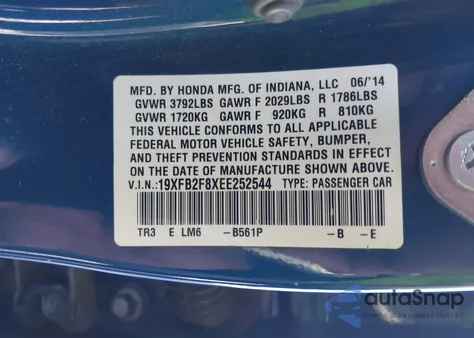 2014 Honda Civic Ex from USA, damaged, VIN 19XFB2F8XEE252544